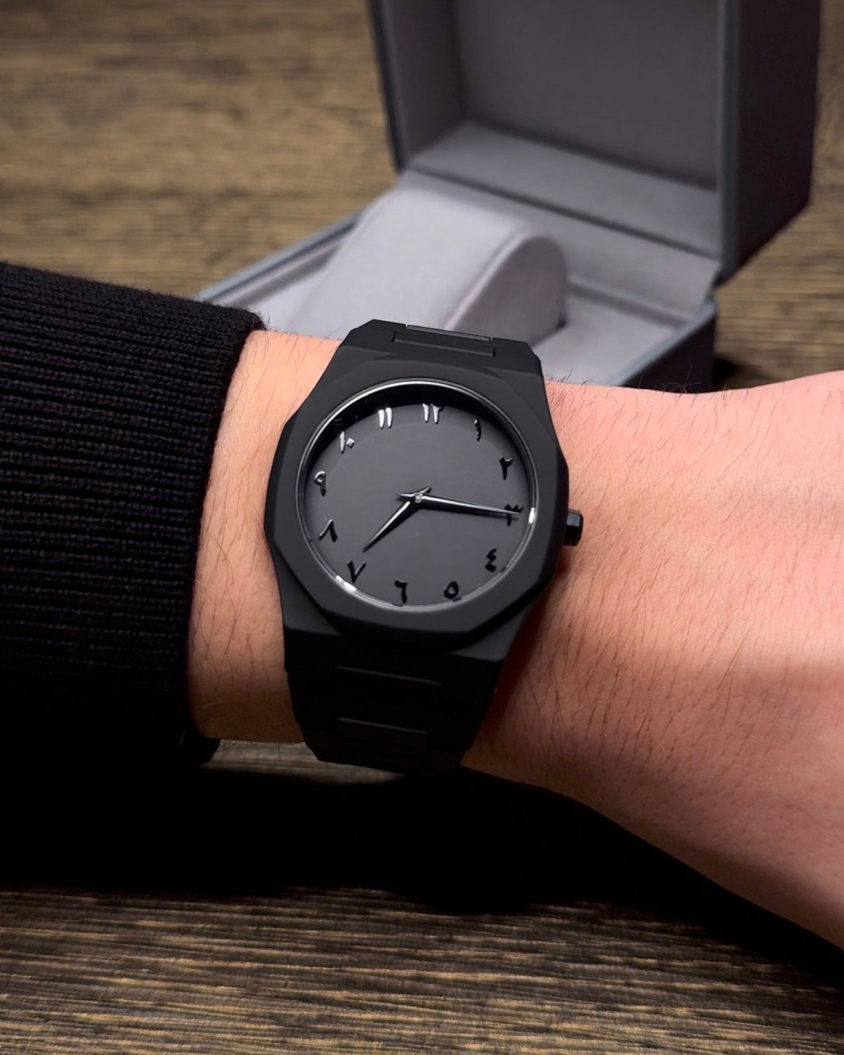 Shadow Elegance: Black Arabic Dial Timepiece